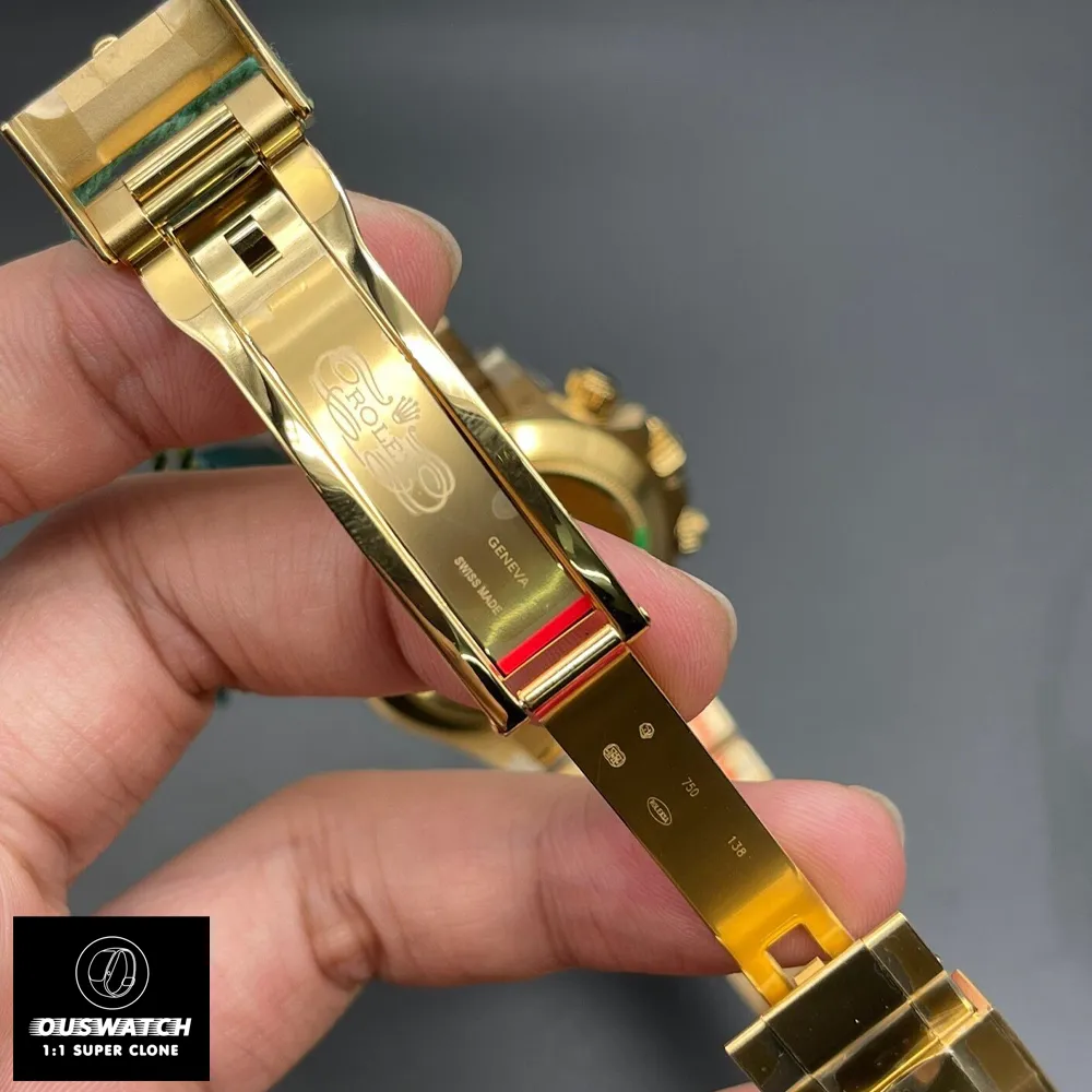 Open folding clasp on the Rolex Daytona 116508 super clone, showing hinge mechanism and Rolex coronet engraving