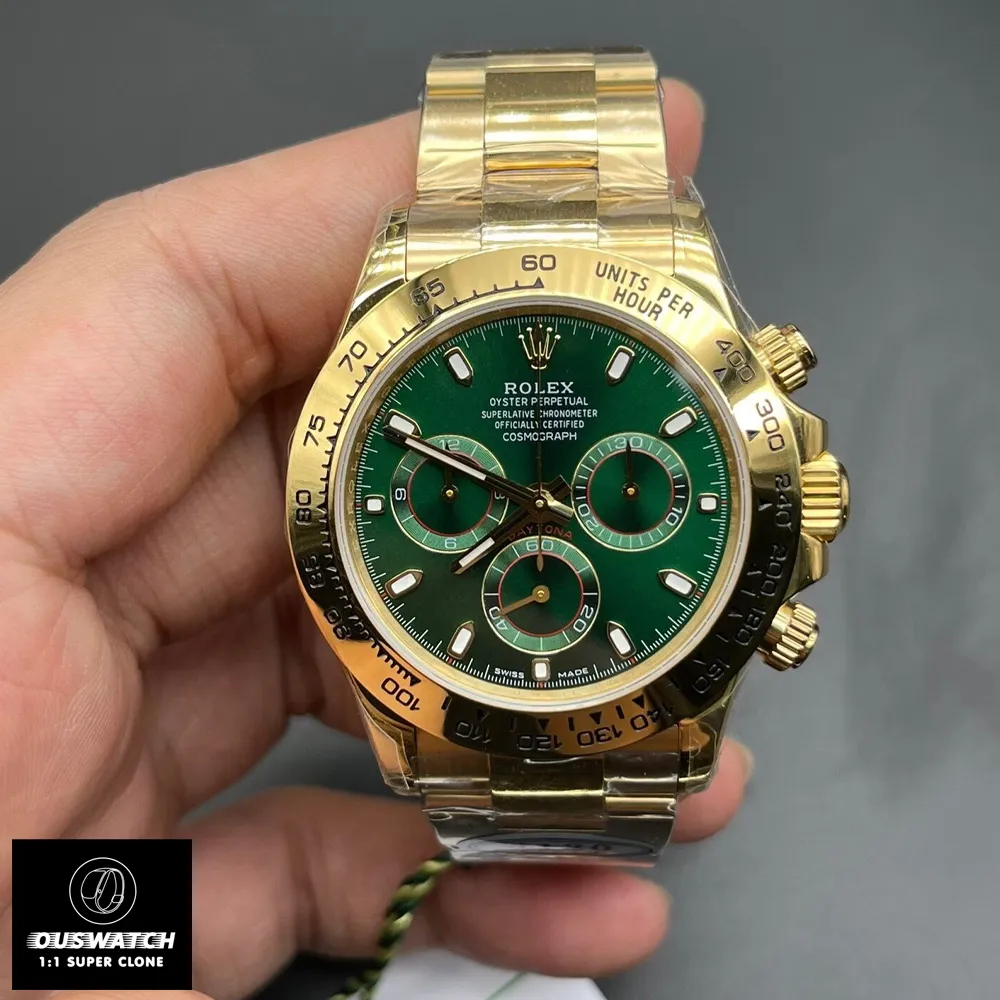 Front view of the John Mayer edition Rolex Daytona 116508 super clone, highlighting its vibrant green dial and gold bezel.
