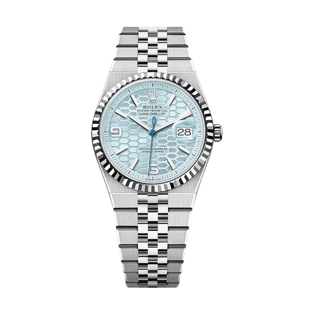 Rolex Land-Dweller 36 Ice Blue Dial 127236 Super Clone Watch – white background Super clone Rolex Land-Dweller 36 Ice Blue Dial 127236 on white background, showcasing a polished platinum case and signature ice-blue dial