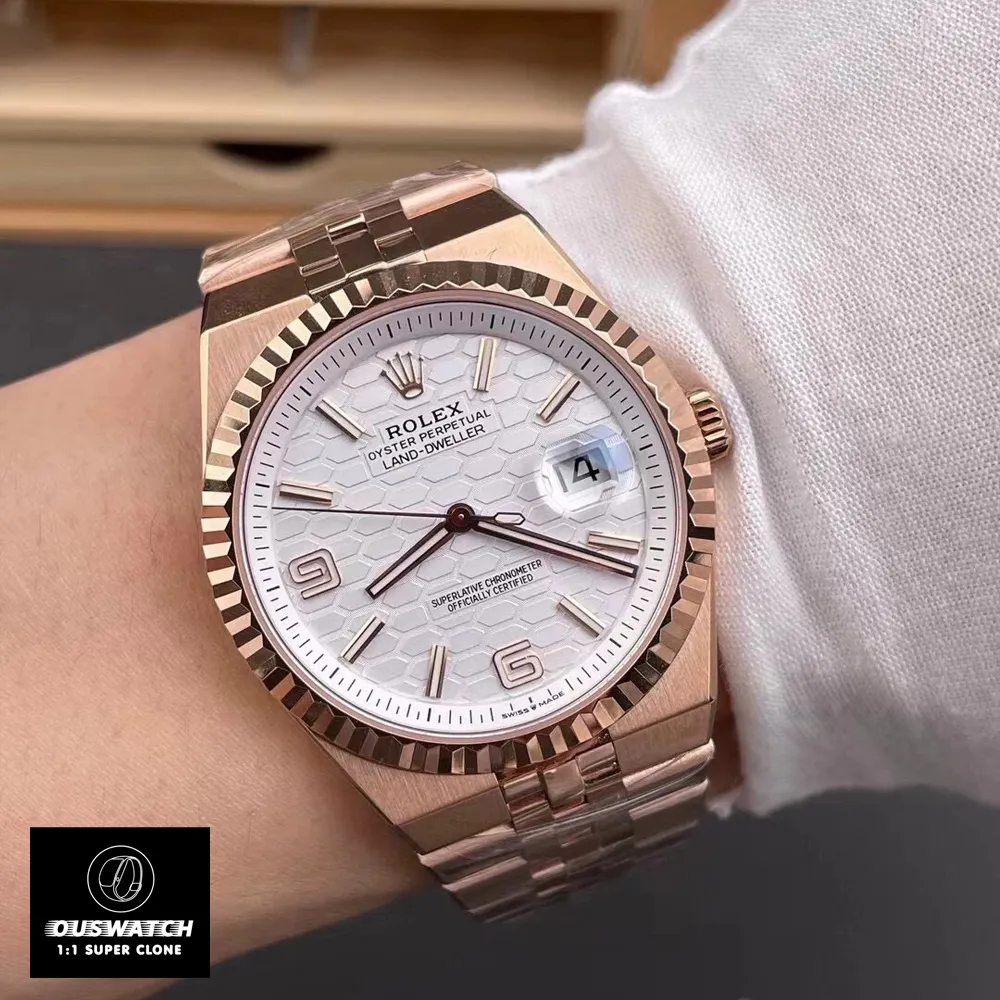 Rolex Land Dweller 36 mm Rose Gold watch 127235 wearing picture