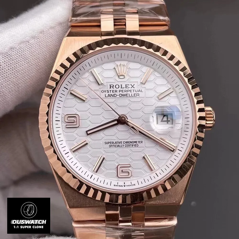 Rolex Land Dweller 36 mm Rose Gold watch 127235 white dial close-up