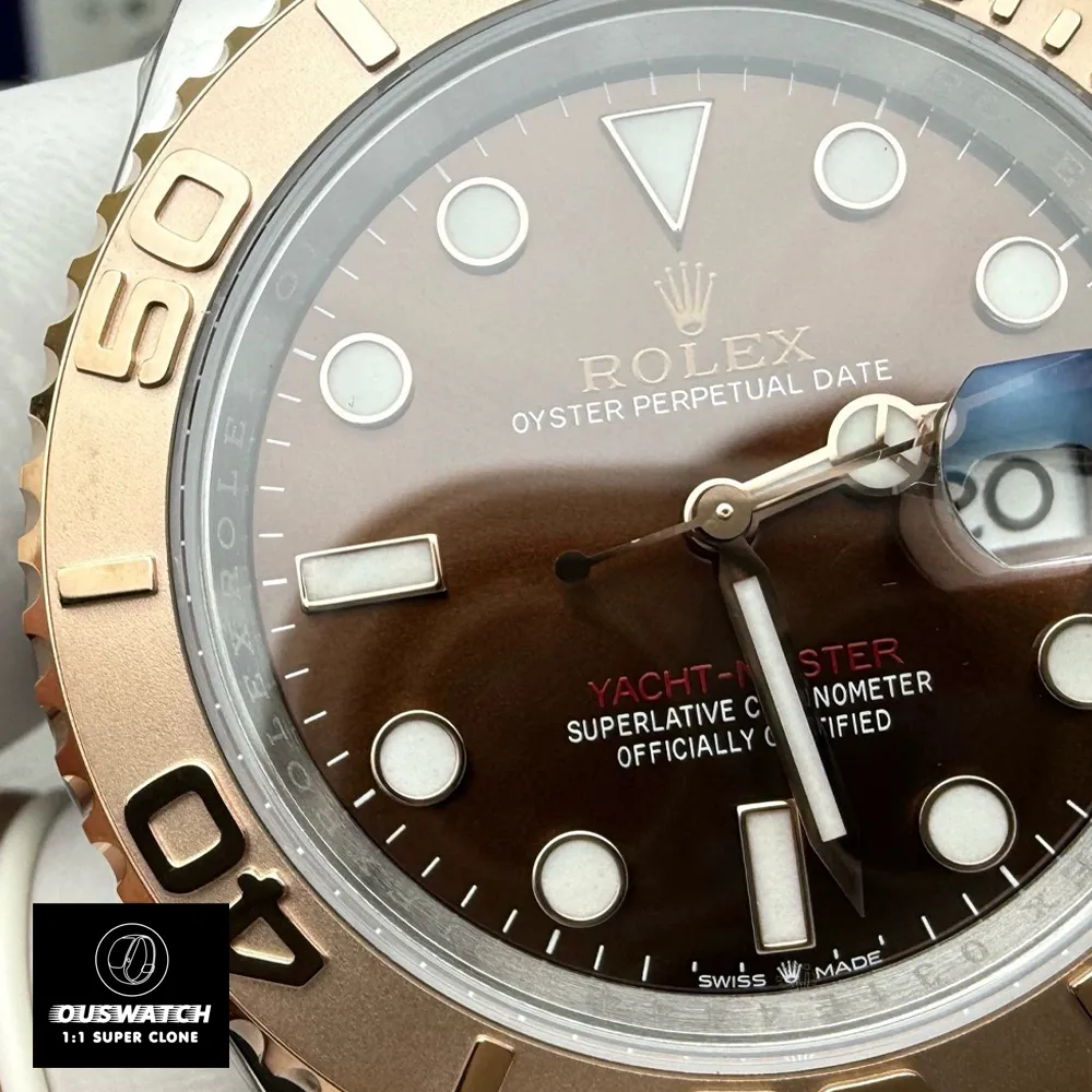 Close-up of Rolex Oyster Perpetual Rose Gold Super Clone watch bezel, highlighting Swiss-quality 1:1 replica platinum-coated finish