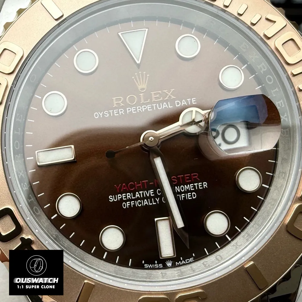 Detail shot of Rolex Oyster Perpetual Rose Gold Super Clone watch with chocolate dial, showcasing premium 1:1 replica craftsmanship