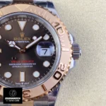 Close-up of Rolex Yacht-Master 126621 Super Clone watch chocolate dial and platinum bezel, featuring precise 1:1 replica finishing