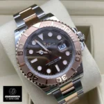 Rolex Yacht-Master 40mm Rose Gold Super Clone watch with chocolate dial displayed at a 120-degree angle, highlighting Swiss-quality super clone details