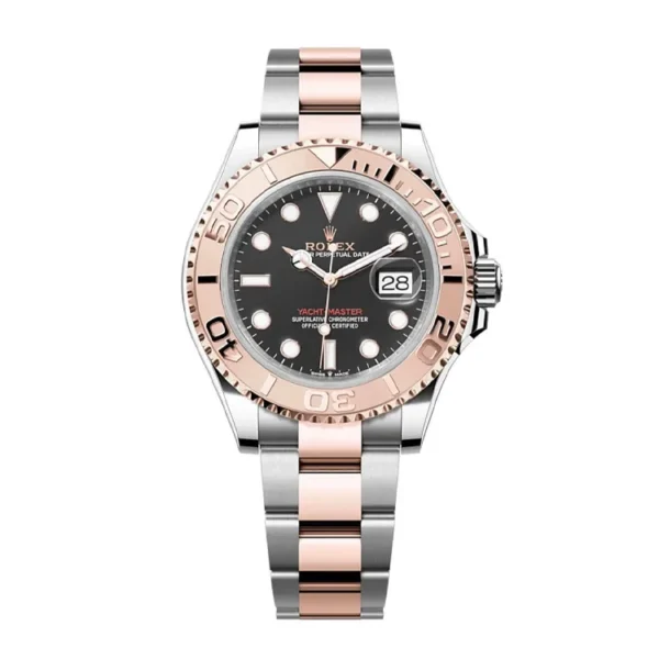 Rolex Yacht-Master 40mm Rose Gold Super Clone watch on white background showcasing authentic Swiss 1:1 replica craftsmanship