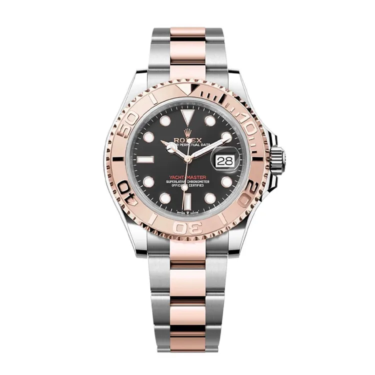 Rolex Yacht-Master 40mm Rose Gold Super Clone watch on white background showcasing authentic Swiss 1:1 replica craftsmanship