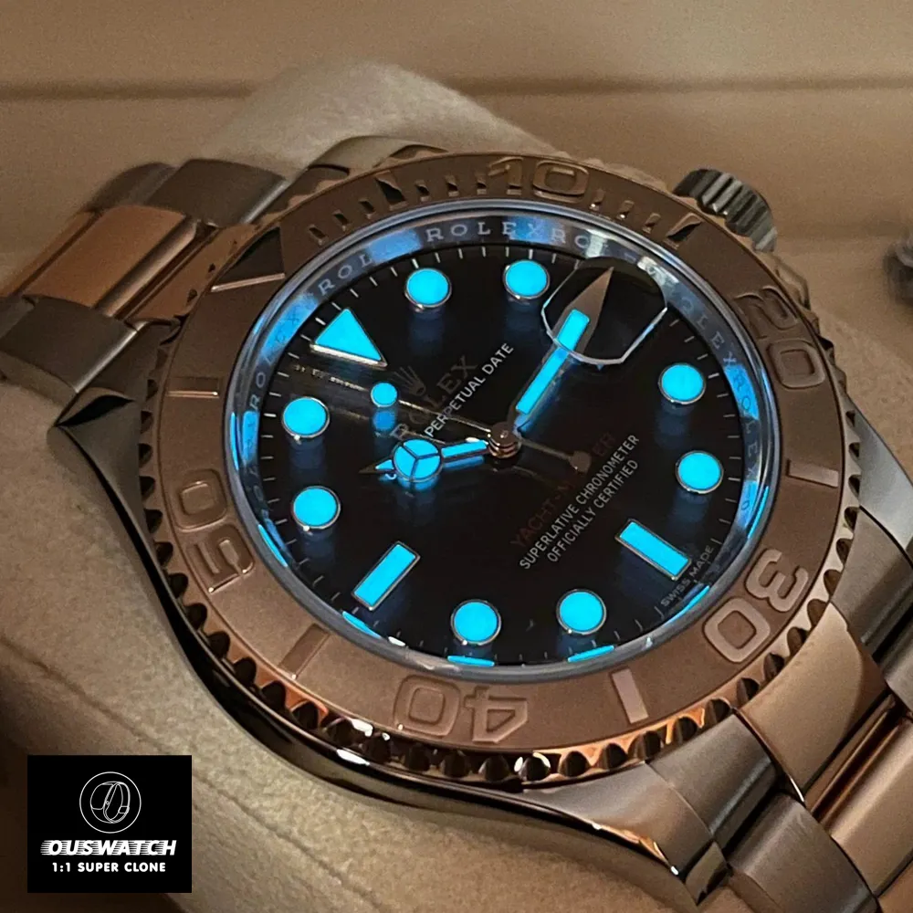 Rolex Yacht-Master Two-Tone 126621 Super Clone watch under soft light, showing rose gold and stainless steel 1:1 replica shine