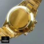 Rear view of a super clone Rolex Daytona 126508, featuring engraved caseback detail and solid yellow-gold clasp.