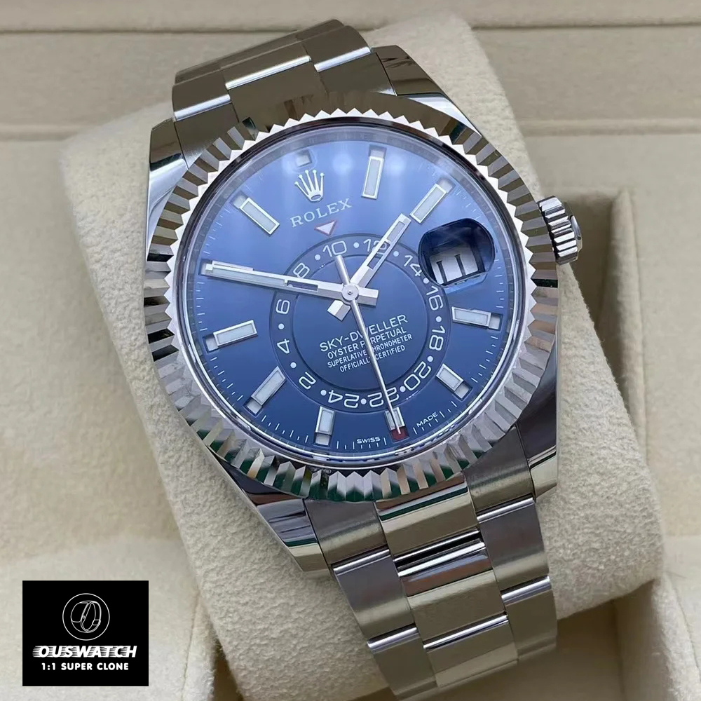 High–quality Sky–Dweller Super Clone in stainless steel with bright blue dial. The 42 mm Oystersteel case, fluted Ring-Command bezel and Jubilee bracelet replicate the genuine Rolex design.