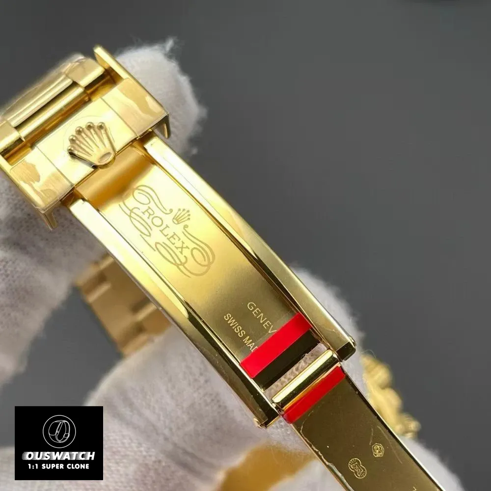 Detailed close-up of the unfolded super clone Rolex Cosmograph Daytona clasp, showing satin-brushed and polished finishing.