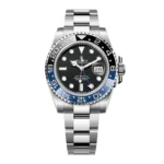 Rolex GMT‑Master II Batman 126710BLNR‑0003 super clone on white background, showcasing its brushed 904L stainless steel Oyster case and signature blue‑black Cerachrom bezel.