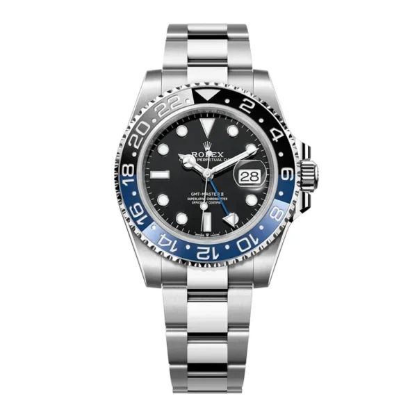 Rolex GMT‑Master II Batman 126710BLNR‑0003 super clone on white background, showcasing its brushed 904L stainless steel Oyster case and signature blue‑black Cerachrom bezel.