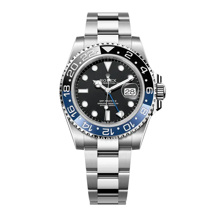 best-gmt-watch-batman-126710blnr-0003-super-clone-white-bg Rolex GMT‑Master II Batman 126710BLNR‑0003 super clone on white background, showcasing its brushed 904L stainless steel Oyster case and signature blue‑black Cerachrom bezel.