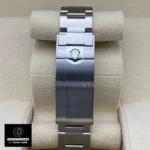 Detailed shot of the super clone Rolex Submariner 124060 Watch clasp, featuring the engraved Rolex coronet and sturdy folding mechanism.