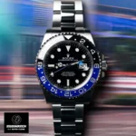 Front‑facing view of Rolex GMT‑Master II reference 126710BLNR‑0003 super clone, highlighting its black dial with Chromalight hour markers and polished Oystersteel finish