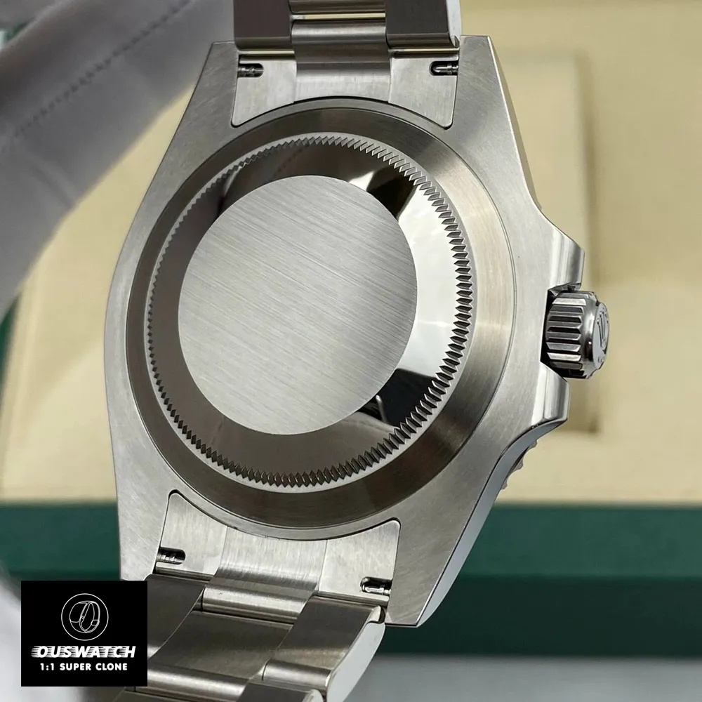 Back view of the super clone Rolex Submariner Black Dial Watch, showcasing the solid steel case back and engraved Oyster bracelet link.