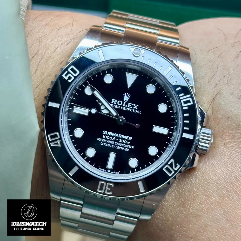 Super clone Rolex Submariner Black 124060 Watch worn on wrist to showcase its classic dive-watch profile and ergonomic Oyster bracelet.