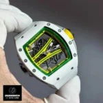 Angled 120-degree view of Richard Mille RM 61-01 Super Clone Yohan Blake edition with white ceramic case.