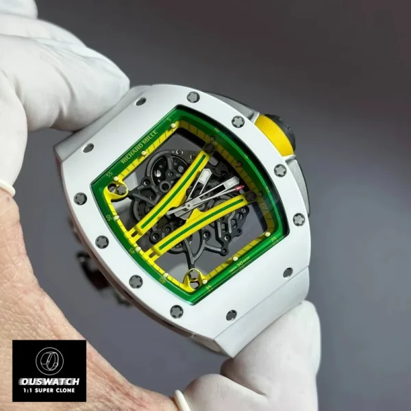 Angled 120-degree view of Richard Mille RM 61-01 Super Clone Yohan Blake edition with white ceramic case.