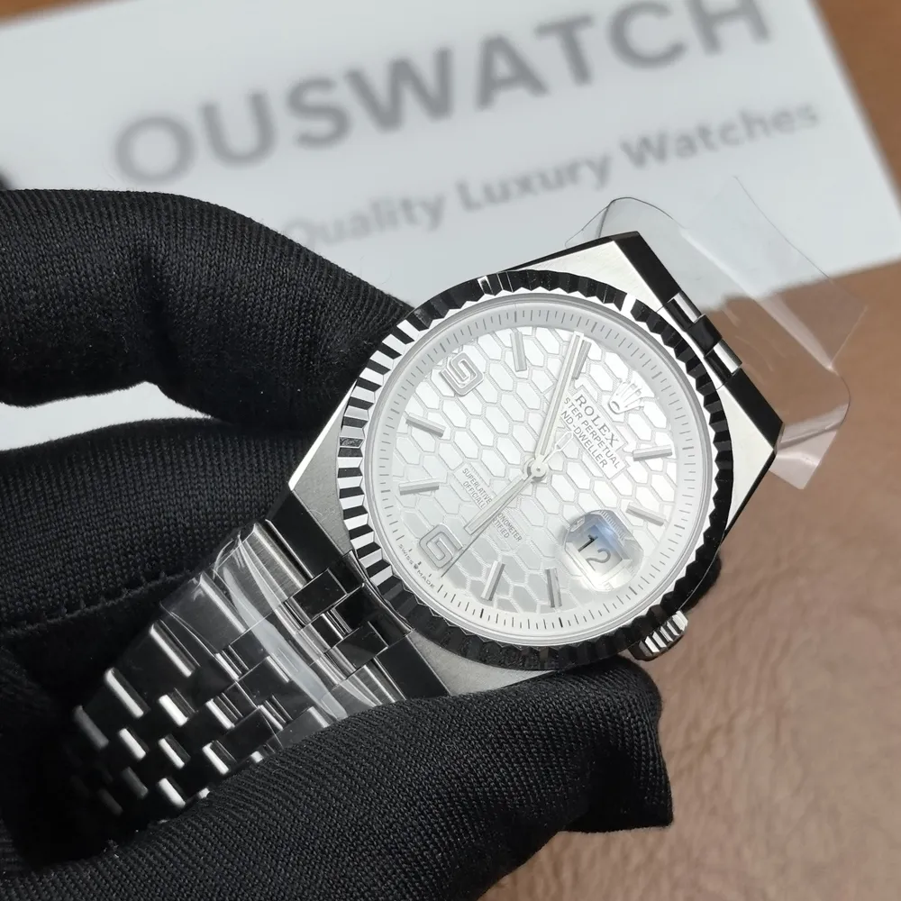 45-degree angle showing the Rolex Land Dweller steel and white gold watch