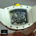 Exhibition caseback of the Super Clone Richard Mille RM 61-01 Yohan Blake watch with visible movement and engraved markings.