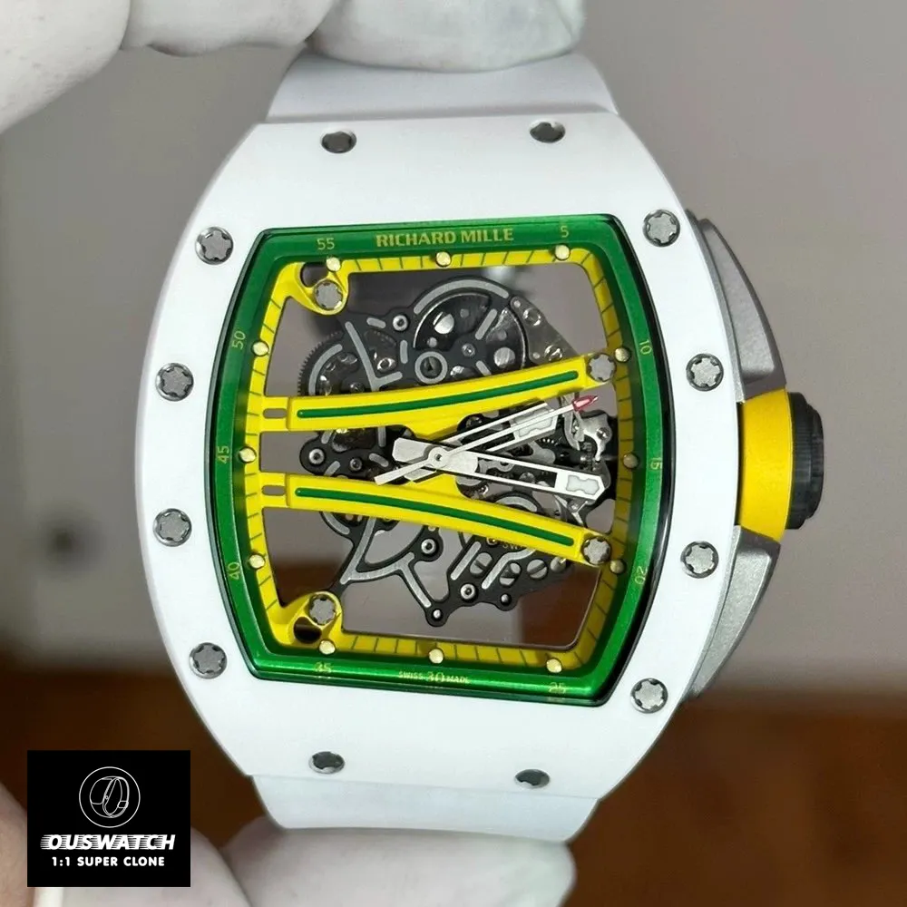 Close-up of the yellow edition Richard Mille Yohan Blake RM 61-01 Super Clone watch with vibrant strap and skeleton movement.
