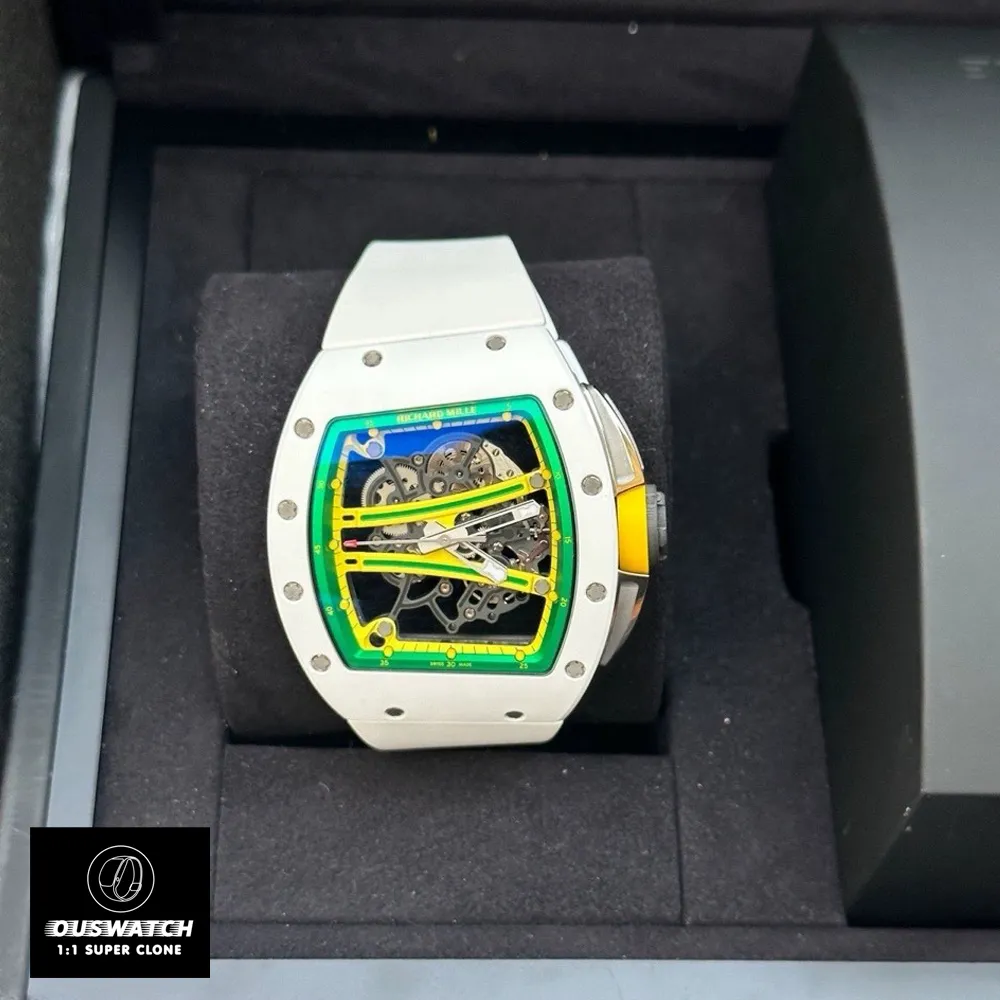 Luxury Super Clone Richard Mille RM 61-01 Yohan Blake watch placed in center of display box, highlighting high-end craftsmanship.