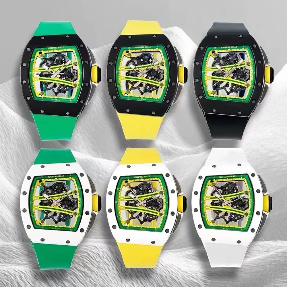 Color collection of Super Clone Richard Mille RM 61-01 Yohan Blake watches featuring various strap and dial designs.