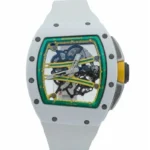 High-quality Super Clone Richard Mille RM 61-01 Yohan Blake white ceramic watch with skeleton dial, front view display on white background.