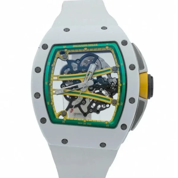 High-quality Super Clone Richard Mille RM 61-01 Yohan Blake white ceramic watch with skeleton dial, front view display on white background.
