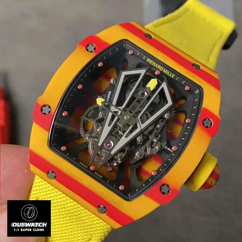 45-degree angled shot of the Richard Mille RM 27‑03 super clone watch, emphasizing its layered skeleton design.