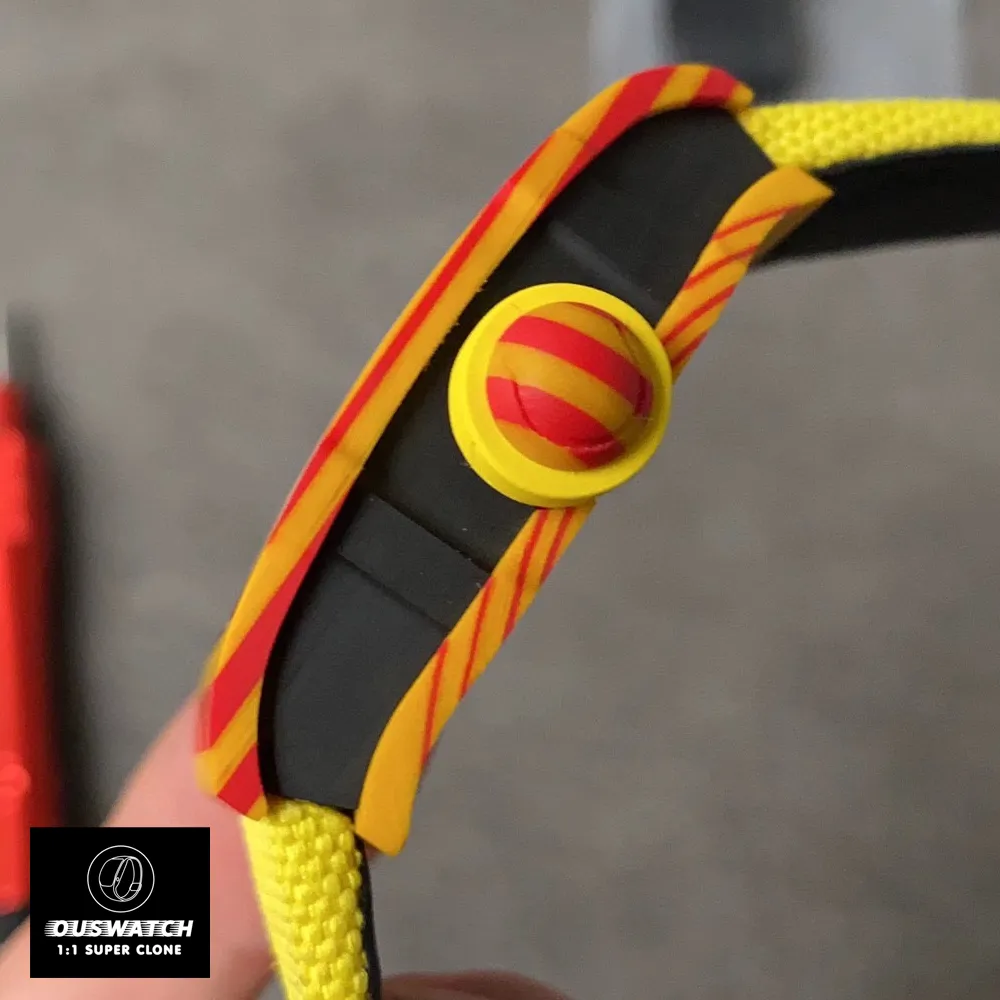 Macro shot of the crown and tourbillon mechanism on a Richard Mille RM 27‑03 super clone watch.