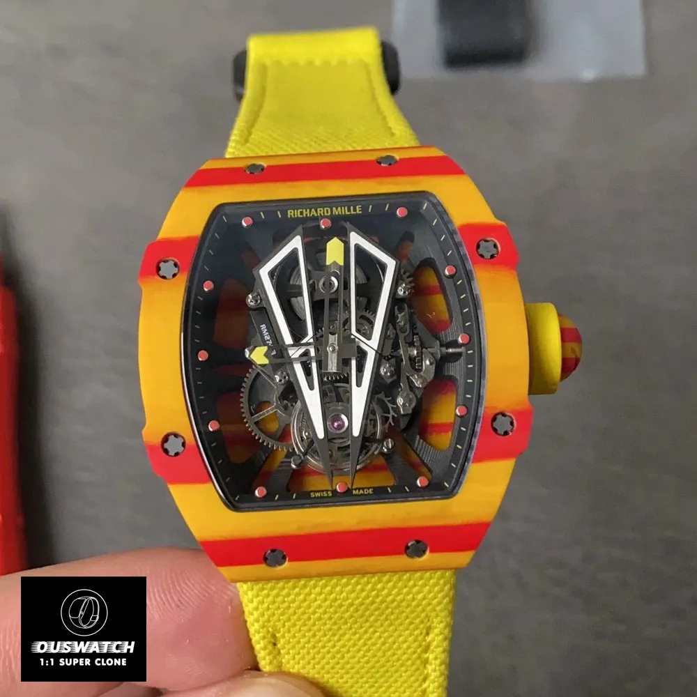 Front-facing view of the Richard Mille RM 27‑03 super clone Tourbillon watch with yellow accents.