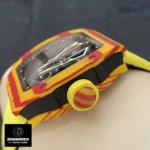 Close-up of the carbon fiber case and crown of a Richard Mille RM 27‑03 replica watch.