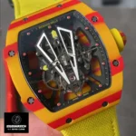 Extreme close-up of the tourbillon and dial details on a Richard Mille RM 27‑03 Rafael Nadal edition replica watch.