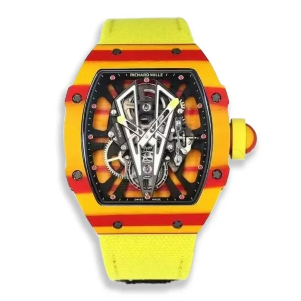 Richard Mille RM 27‑03 Tourbillon super clone wristwatch with yellow TPT® strap on a plain white background.