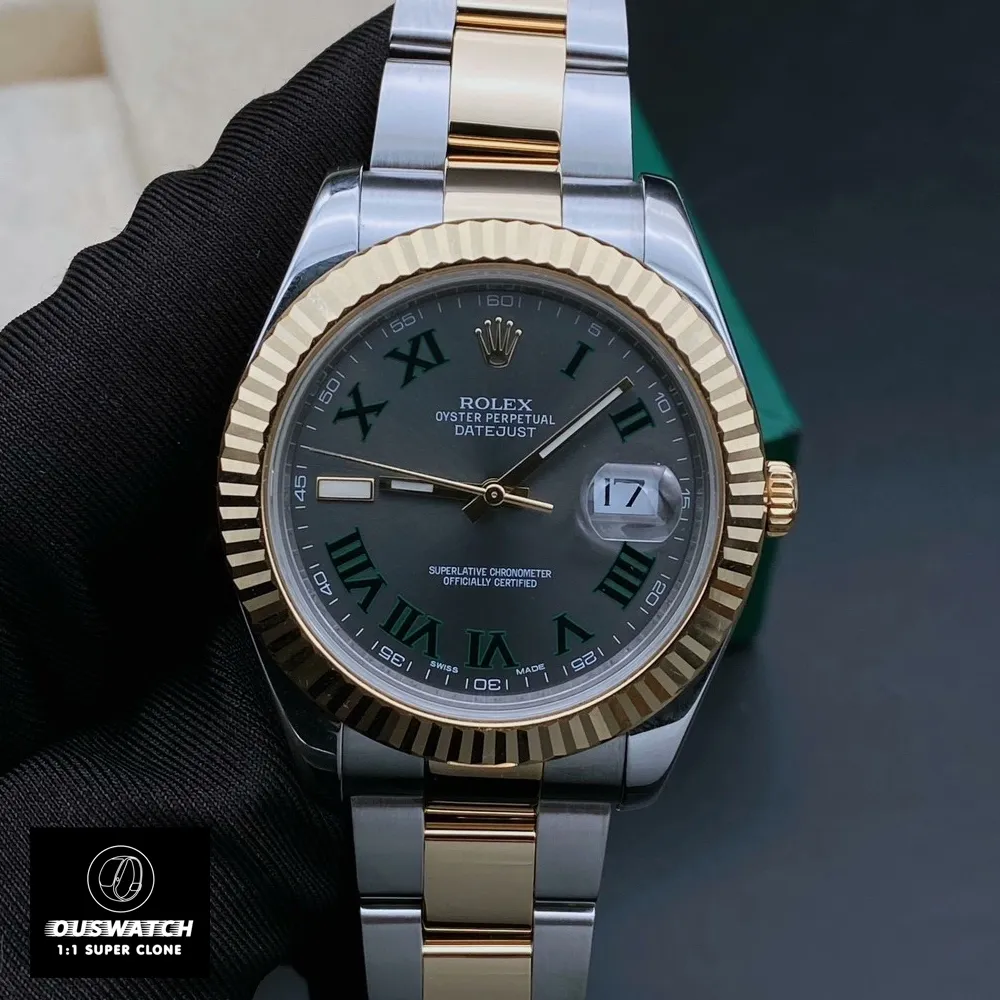 Front view of the Rolex Datejust 41mm two-tone watch, reference 126333, showcasing its champagne dial and fluted bezel.