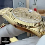 Showcase of the satin-brushed finish on the iced-out Rolex Day-Date 40 M228238-0054, emphasizing surface craftsmanship.