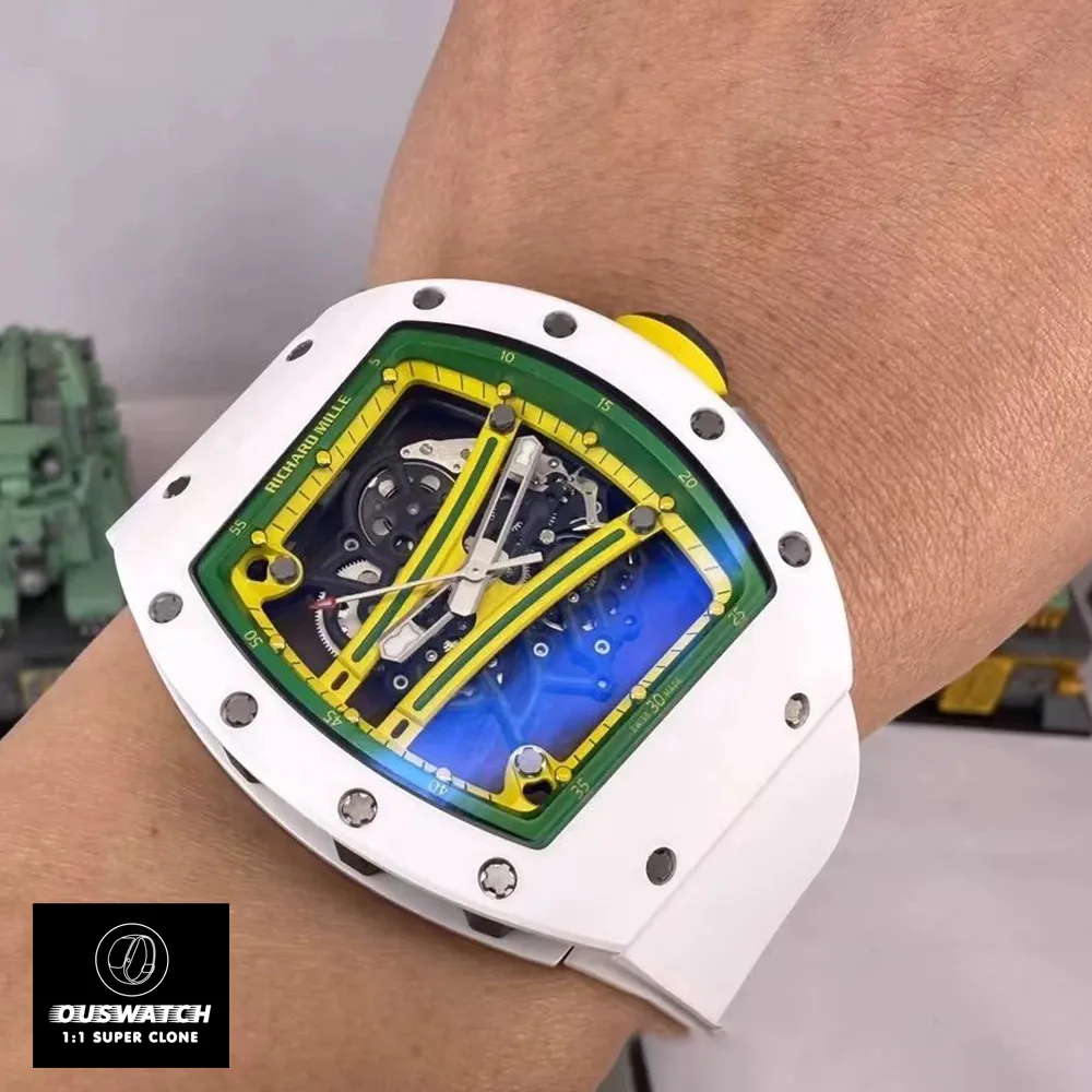 Wrist shot of the Super Clone Richard Mille RM 61-01 Yohan Blake watch, showcasing the sporty carbon case and ergonomic fit.