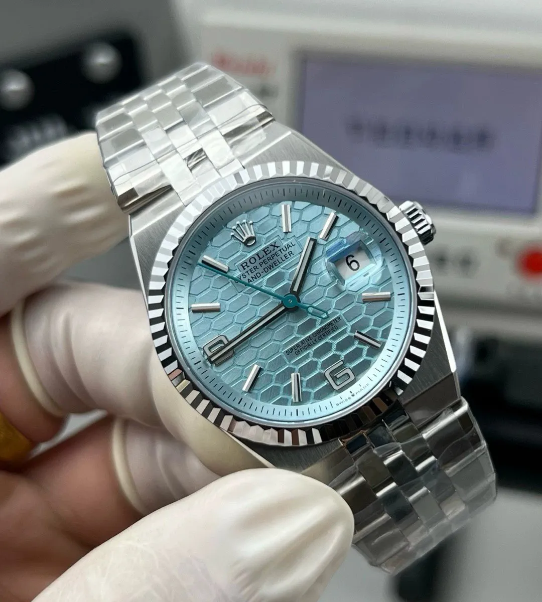 120‑degree front view of Rolex 127336 Ice Blue dial Replica watch
