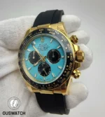 Replica Rolex Daytona 126518LN blue dial showcasing bezel and 18k yellow gold case
