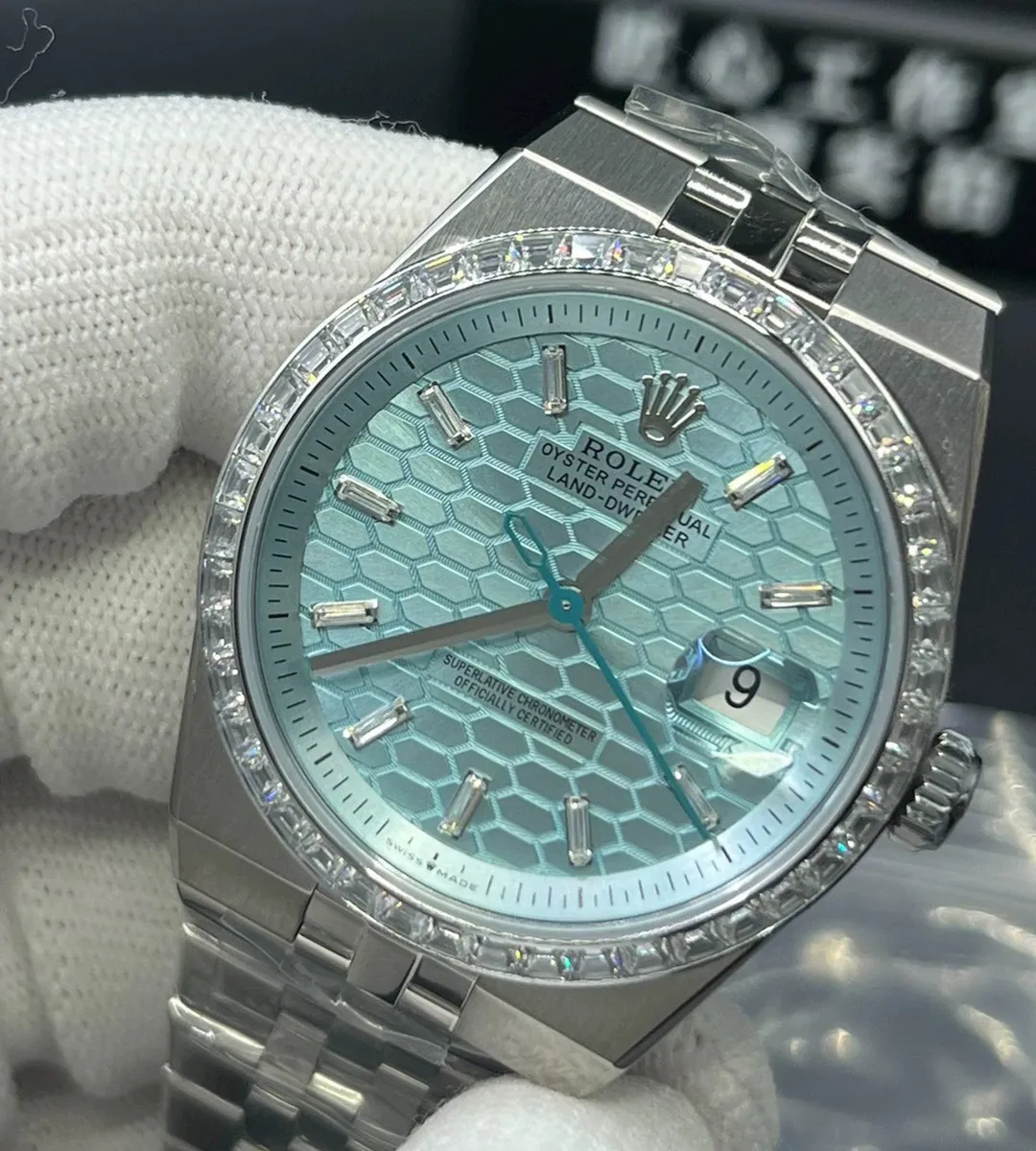 Replica Rolex Land‑Dweller 40 diamond Ice Blue watch displayed at a 75‑degree angle