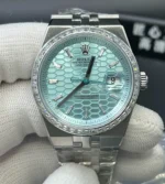 Replica Rolex Land‑Dweller 40 m127386tbr front view featuring diamond bezel and Ice Blue dial
