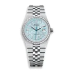 Replica Rolex Land‑Dweller 40 platinum and diamond Ice Blue watch on white background