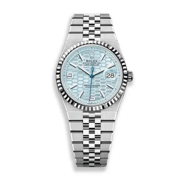 Replica Rolex Land‑Dweller Ice Blue Dial Platinum 127336‑0001 watch on white background