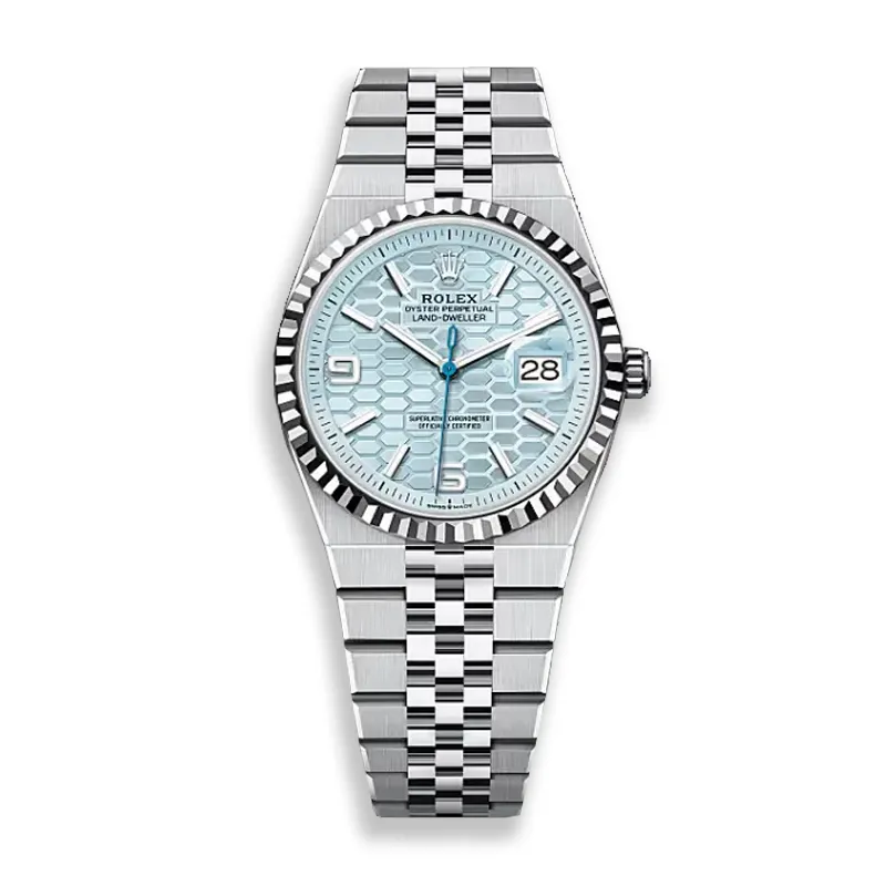Replica Rolex Land‑Dweller Ice Blue Dial Platinum 127336‑0001 watch on white background