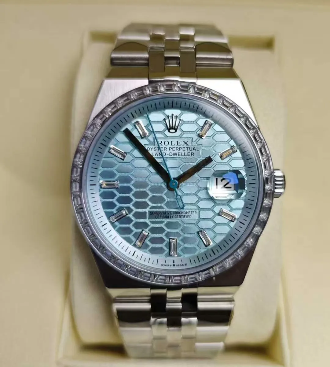 Replica Rolex Land‑Dweller m127386tbr‑0001 Ice Blue watch displayed front in box