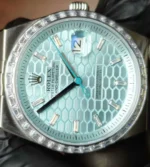 Replica Rolex Land‑Dweller m127386tbr‑0001 close‑up of the Ice Blue dial