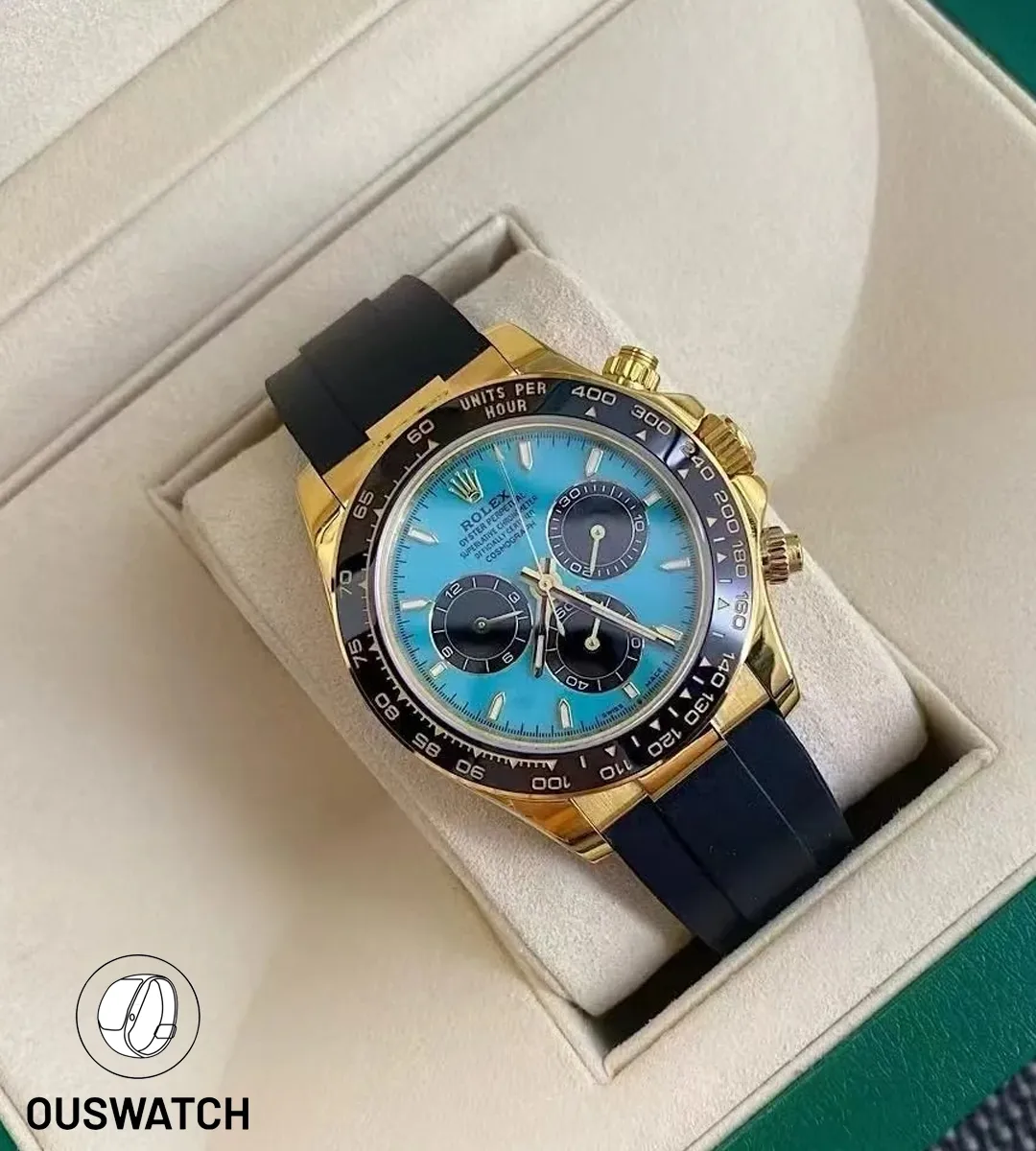 Replica Rolex Daytona Tiffany Blue dial 126518‑0014 in 18k yellow gold, displayed in box